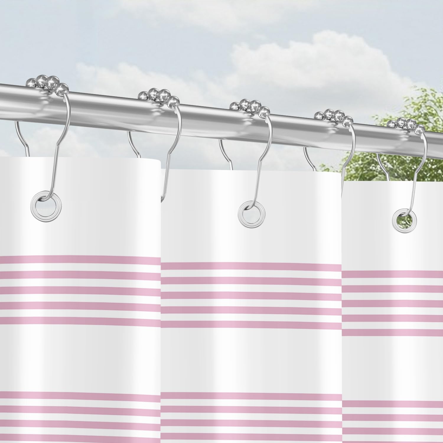 Lerores Pink Striped Shower Curtain | 180x200cm Anti-Mould Polyester