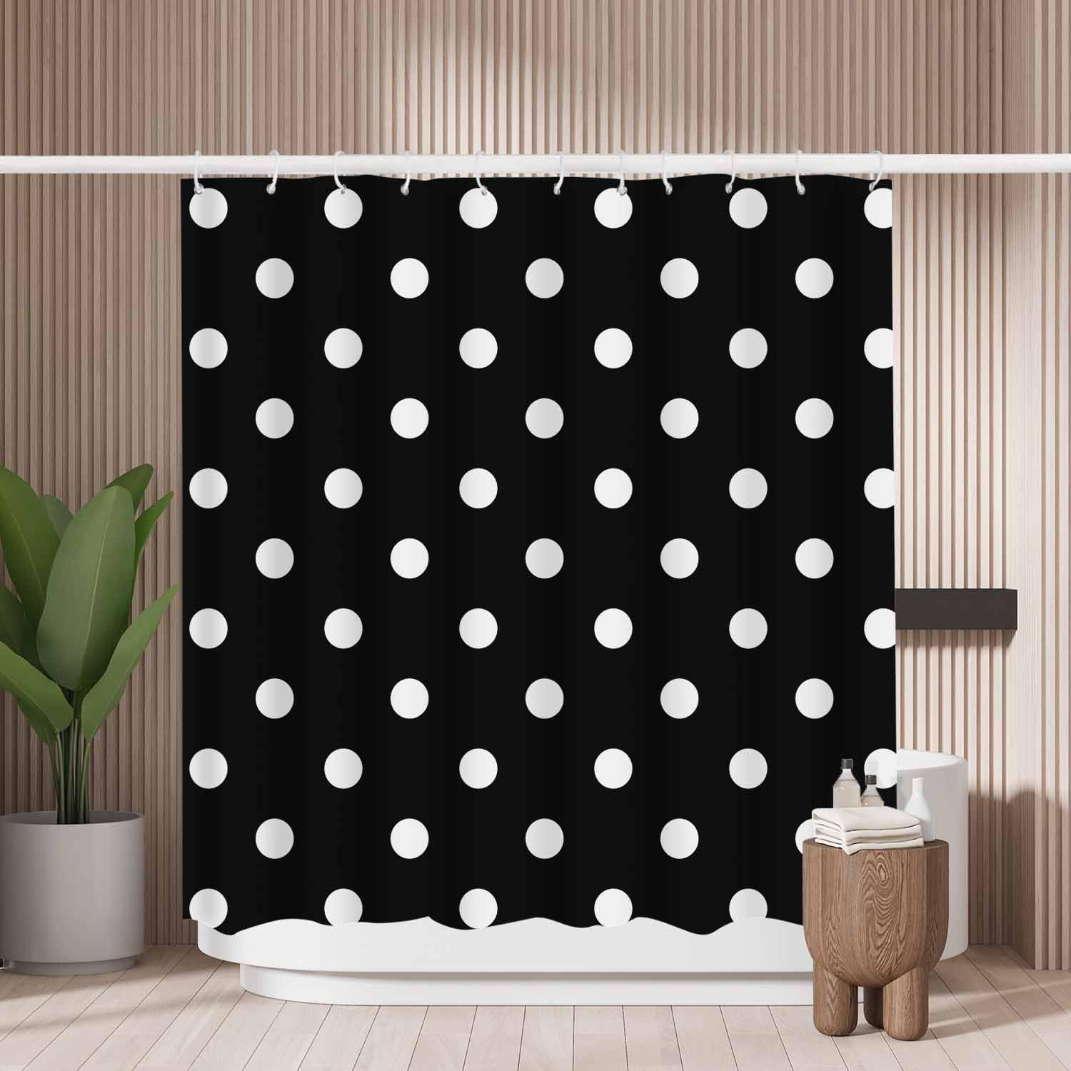 Woutay White Polka Dot Shower Curtain – Mold Resistant Polyester with Hooks