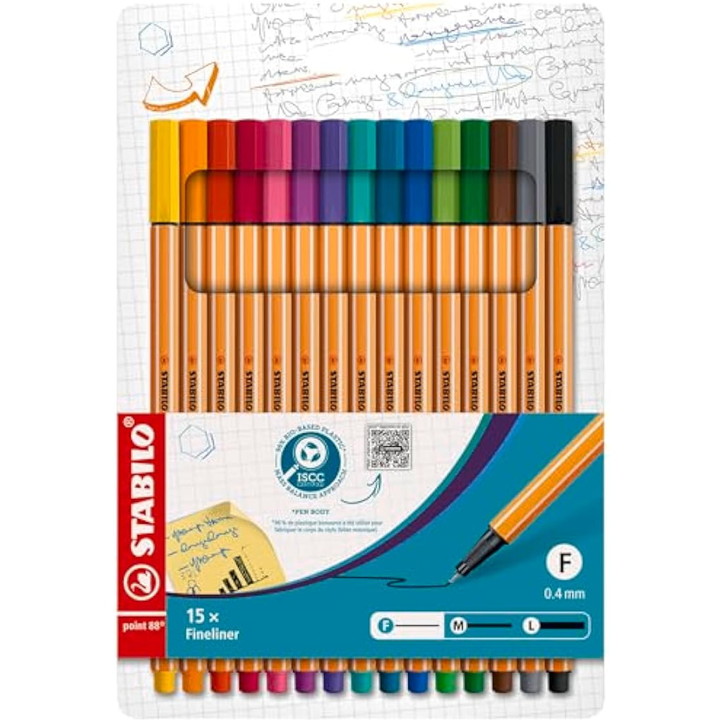 STABILO Point 88 Fineliner Pens | 0.4mm Tip | Assorted Colors - 15 Pack