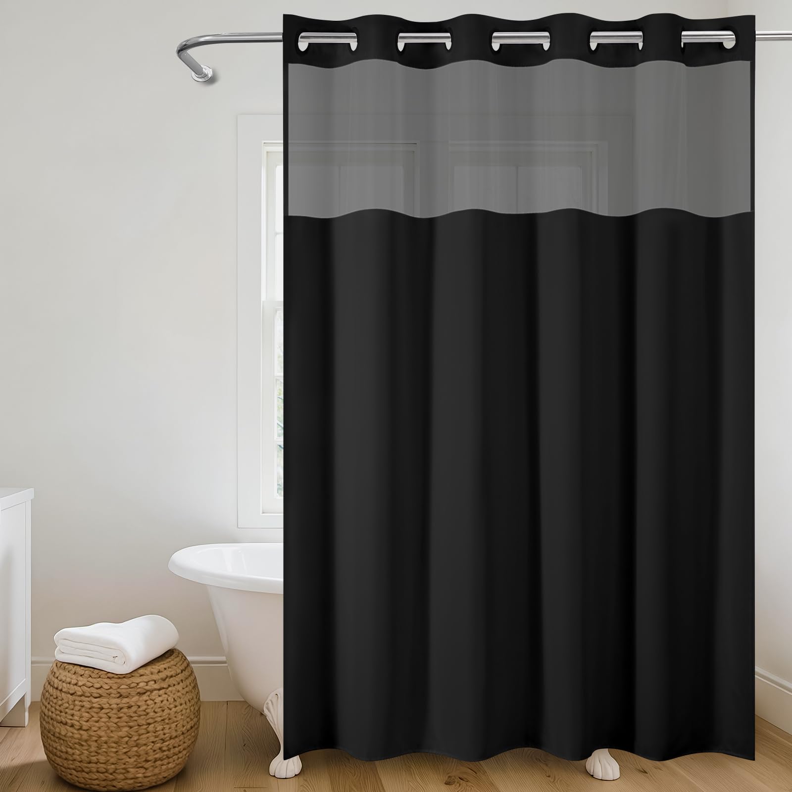 Hookless Linen Shower Curtain with Mesh Window | Waterproof