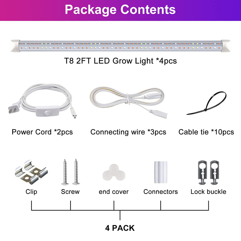 Wolezek 2FT T8 Full Spectrum LED Grow Lights for Indoor Plants | 4-Pack