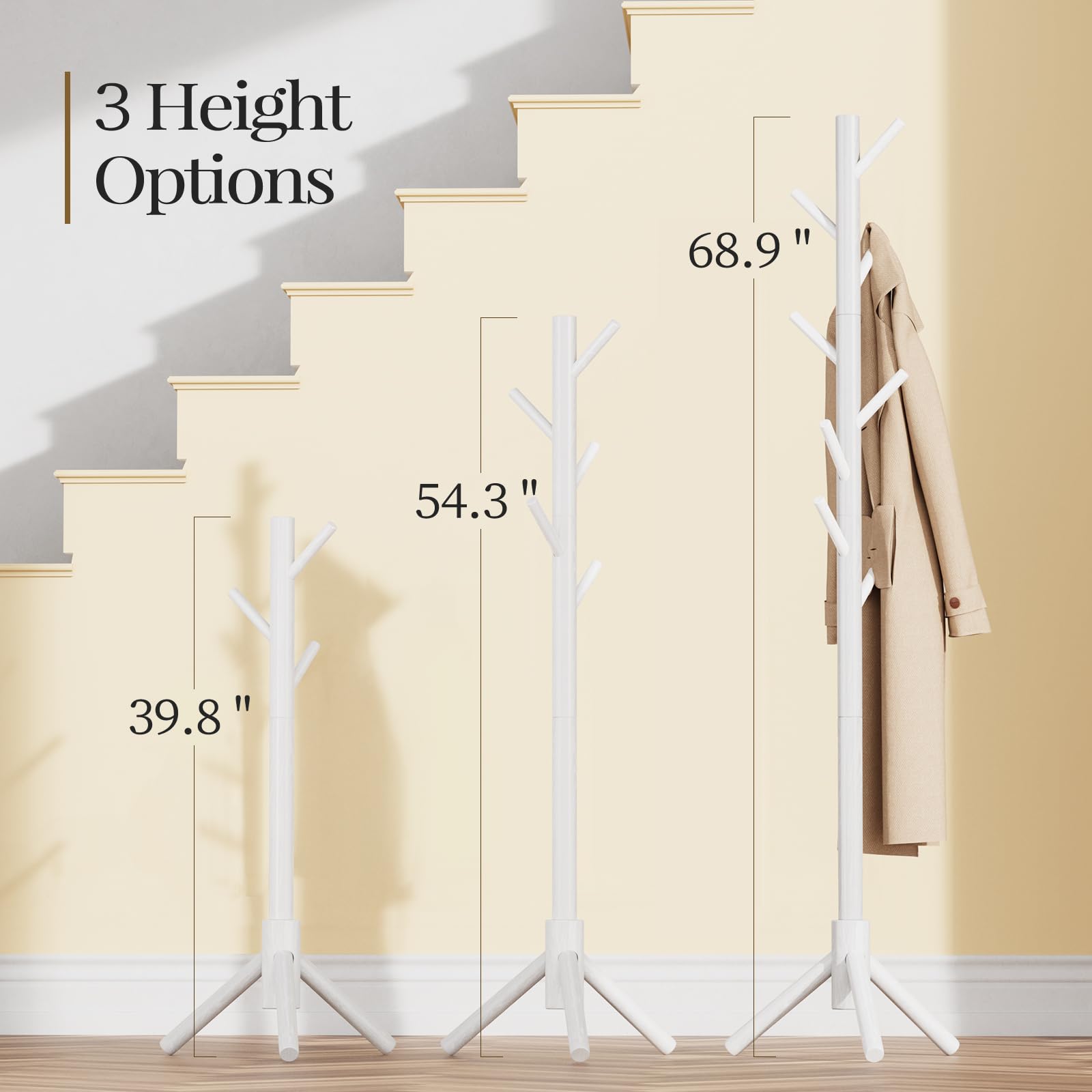 Pipishell Wooden Coat Rack – 8 Hooks Freestanding Adjustable Coat Tree