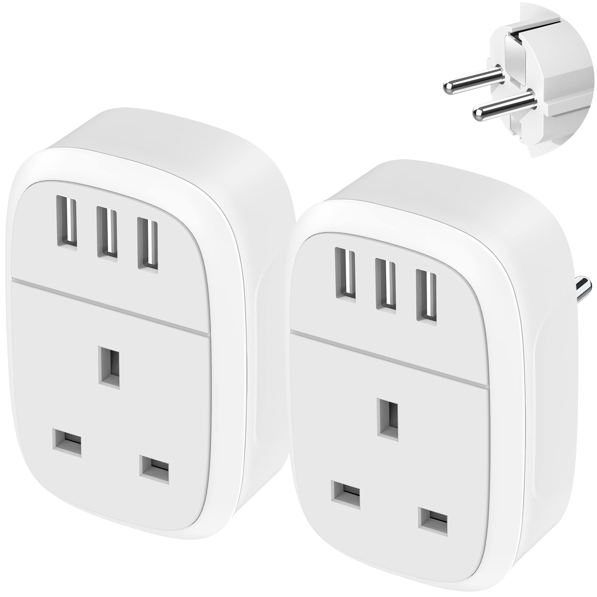 Jolof Store UK to European Travel Adapter 2 Pack | 3 USB Ports Schuko