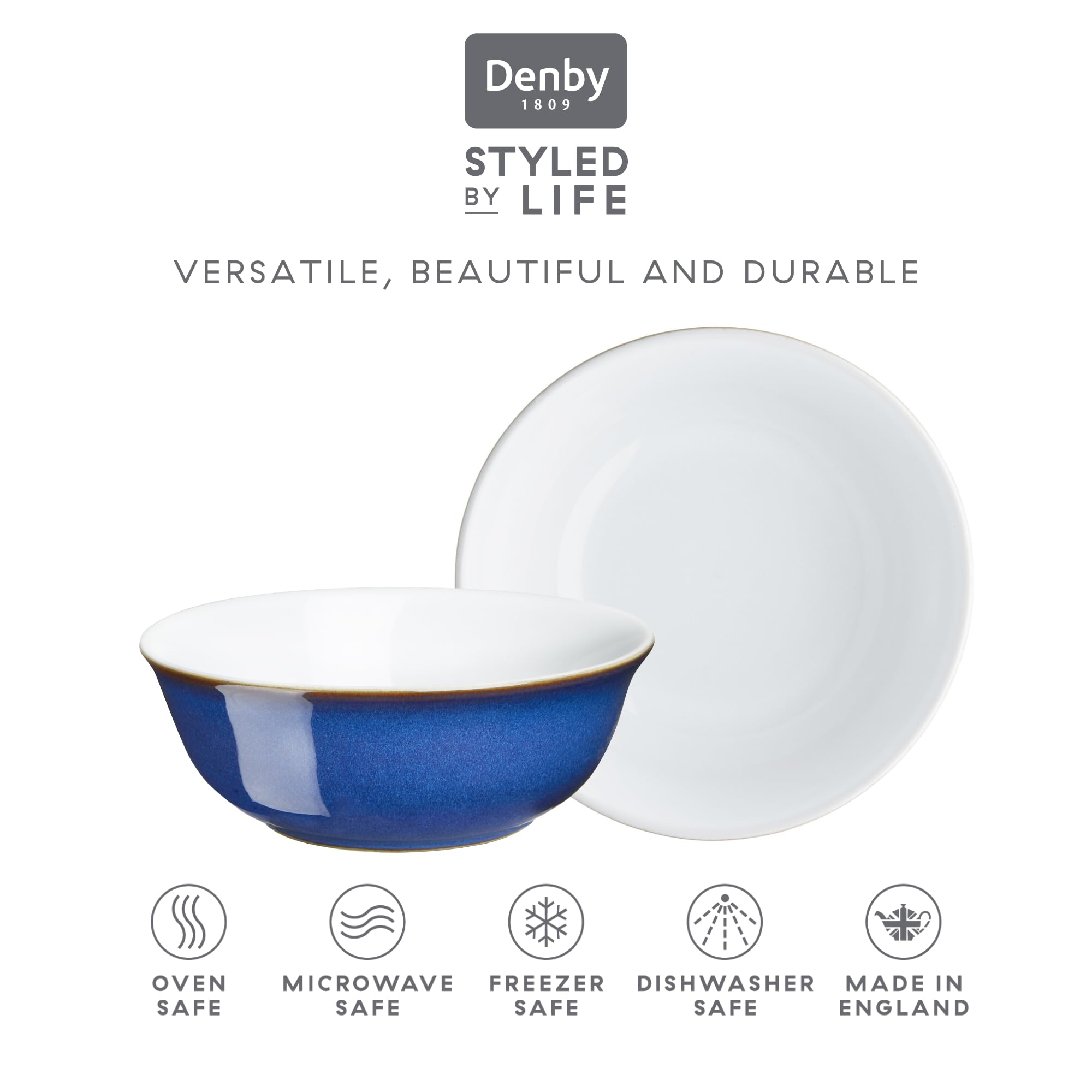 Denby Imperial Blue Cereal Bowls - Set of 4 Handcrafted Ceramic Stoneware