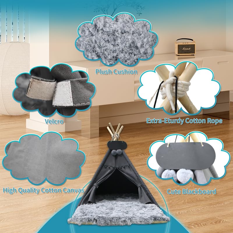 Whiwhi Pets Luxury Teepee Dog Tent with Washable Plush Mat – 60x60x70cm