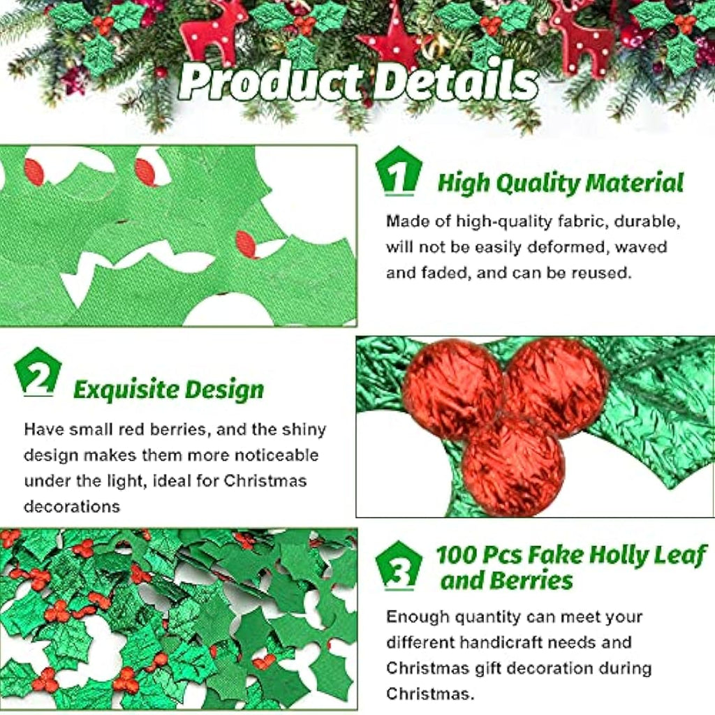100 Pcs Artificial Holly Berry Leaves for Christmas Crafts
