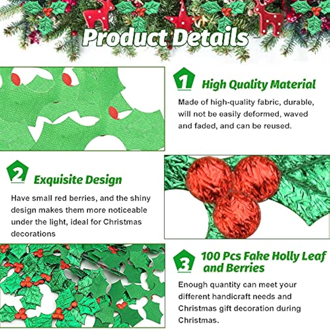 100 Pcs Artificial Holly Berry Leaves for Christmas Crafts