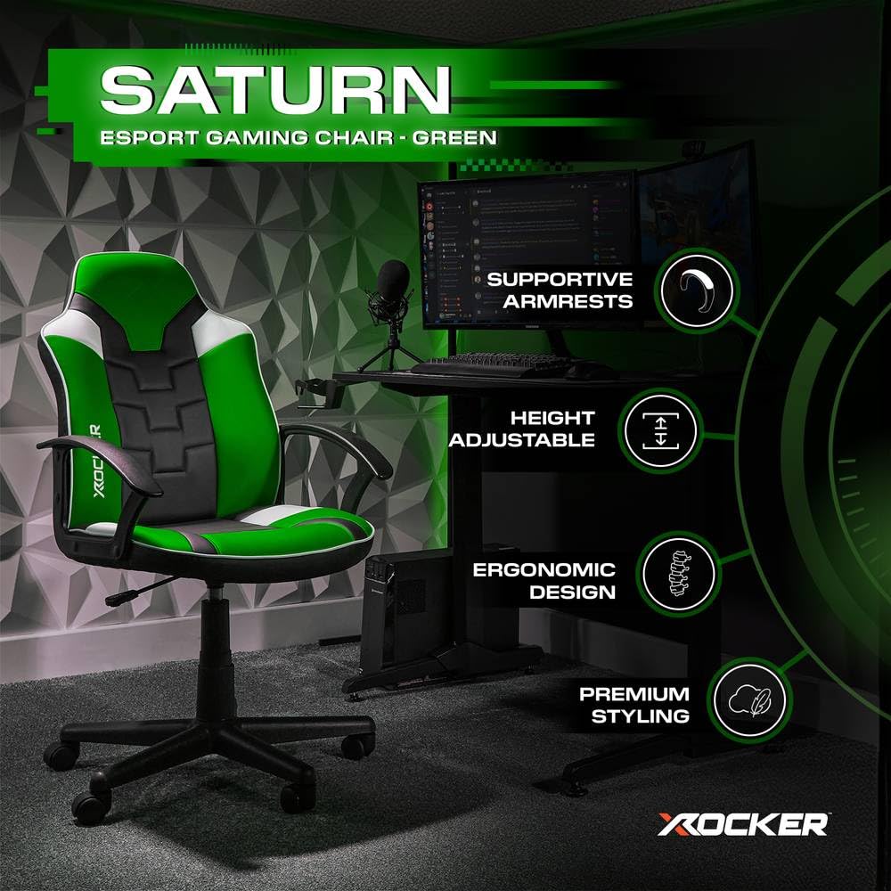 X-Rocker Saturn Mid Back Compact Gaming Chair for Kids & Teens - Ergonomic, Comfortable, Height Adjustable, Wipe-Clean Faux Leather - Black/Green - image 3