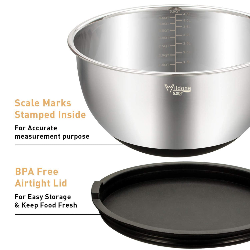Wildone 5-Piece Stainless Steel Mixing Bowls with Airtight Lids & Graters
