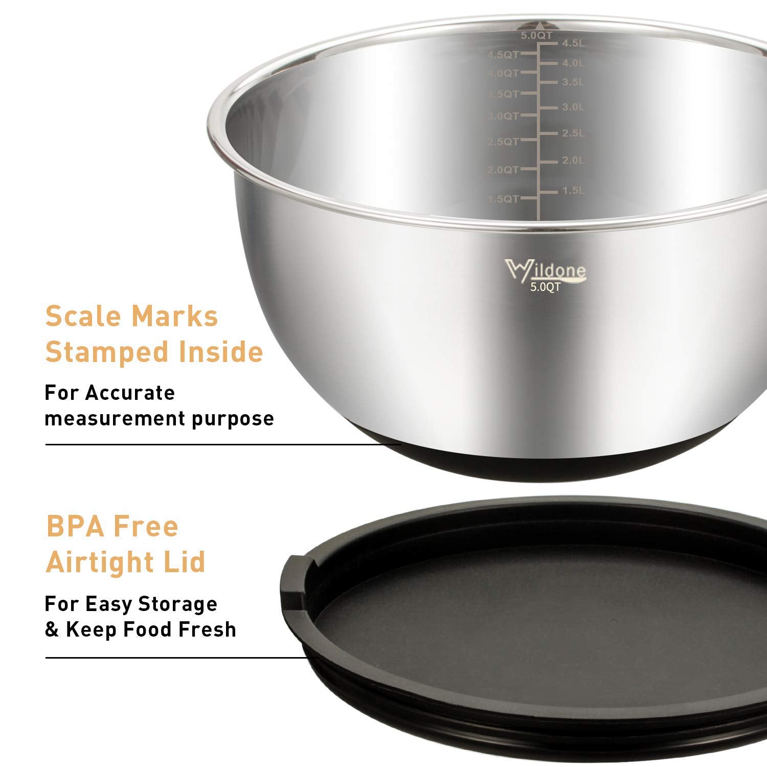 Wildone 5-Piece Stainless Steel Mixing Bowls with Airtight Lids & Graters