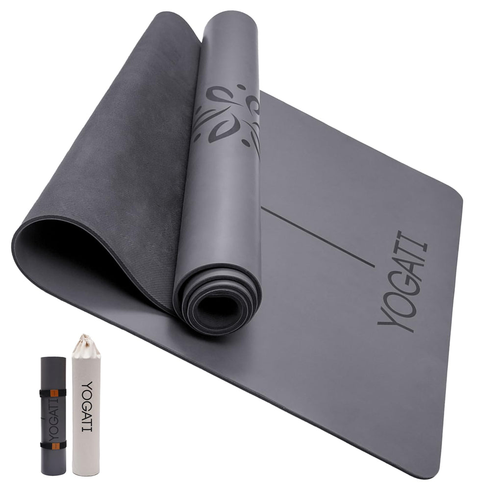 YOGATI Natural Rubber Yoga Mat – Non-Slip Exercise Mat with Alignment Lines