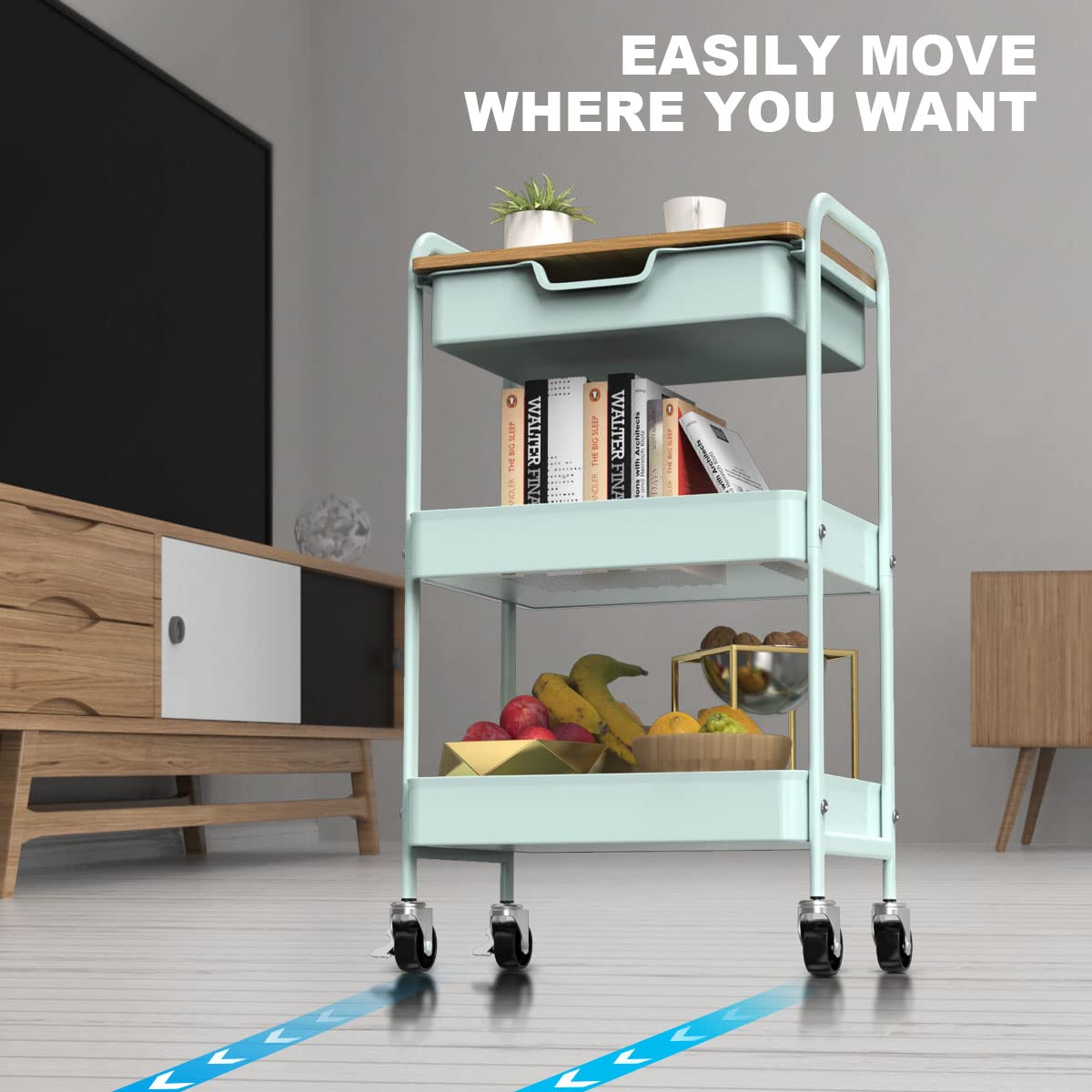Shrivee 3-Tier Storage Trolley on Wheels and Drawer, All-Purpose Metal Uses Trolley for Office Salon Kitchen Bathroom OfficeGreen