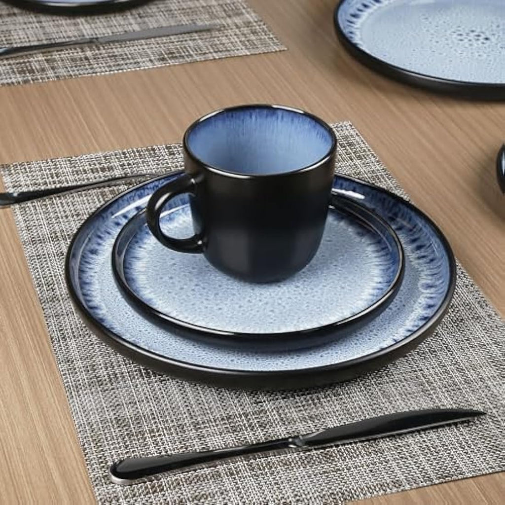 Greentainer 16-Piece Stoneware Dinnerware Set | Reactive Glaze Ocean Blue