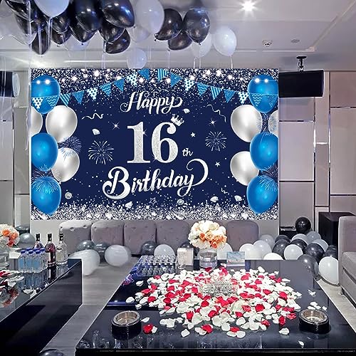 16th Birthday Banner - Navy Blue & Silver Party Backdrop