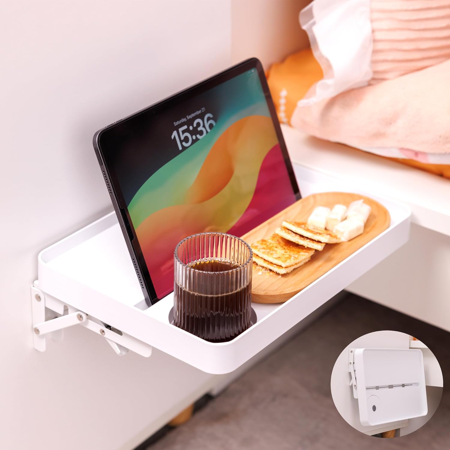 KIWIFOTOS Wall Mounted Folding Bedside Shelf with Cup Holder