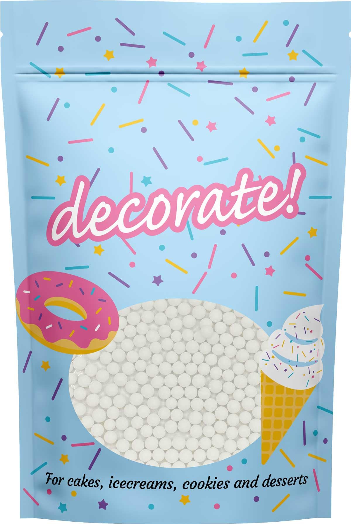 Decorate! Pure White 7mm Edible Pearl Sprinkles - 500g Cake Toppers