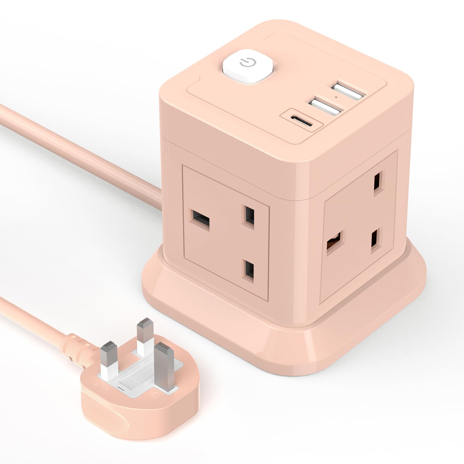 BEVA Cube Extension Lead – 4 Way Multi Plug with 3 USB Ports, 1.5M – Pink