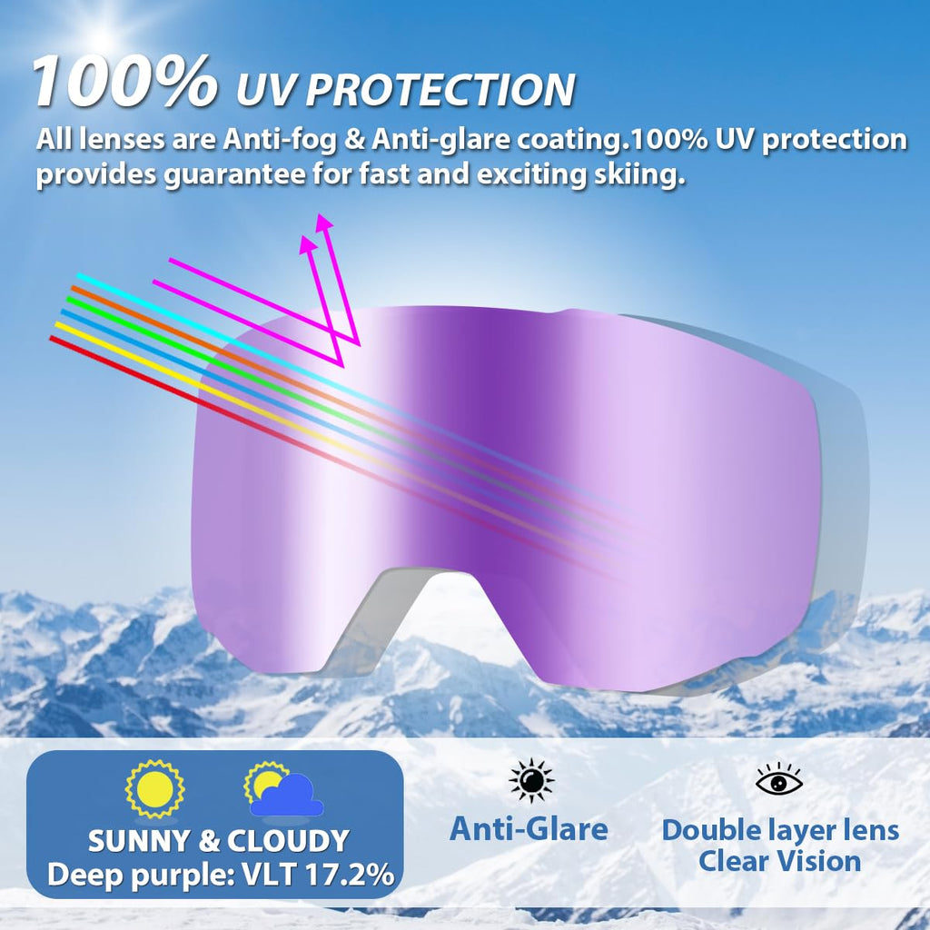 EXP VISION Ski Goggles | OTG Anti-Fog Snowboard Goggles - Purple Lens