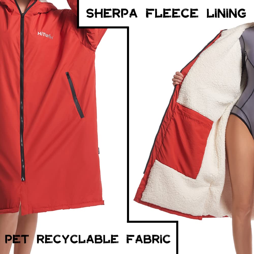 Hiturbo Waterproof Changing Robe – Fleece Lined Surf Poncho Coat in Red