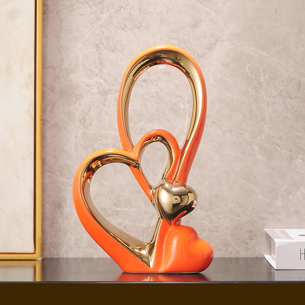 Double Heart Ceramic Sculpture – Modern Gold & Orange Ornament