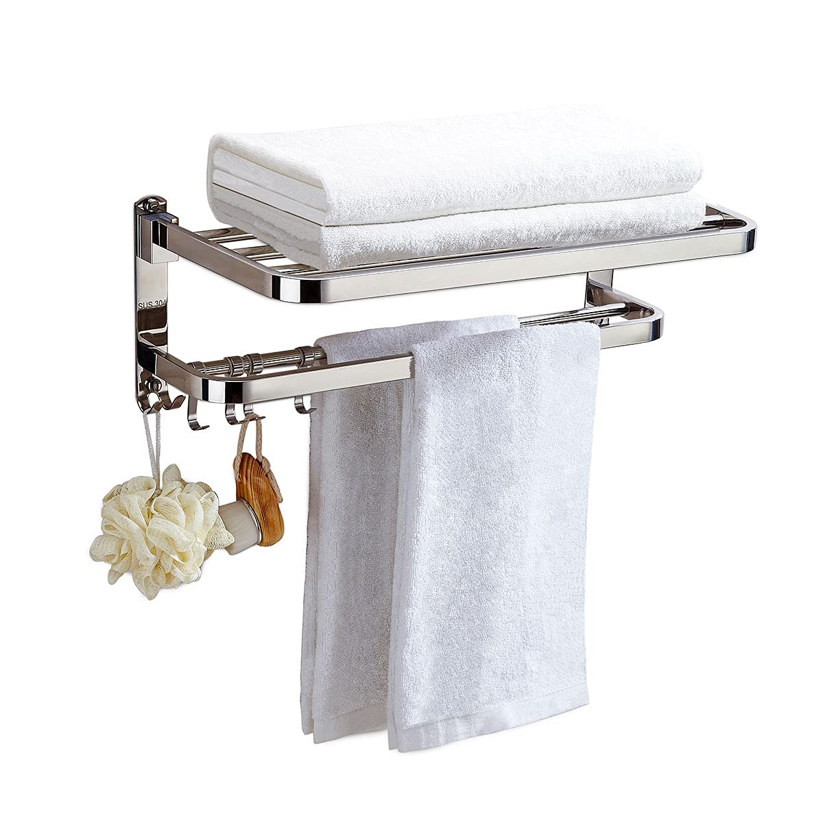 Booxihome Stainless Steel Double Towel Rack with 6 Hooks – Chrome 37cm