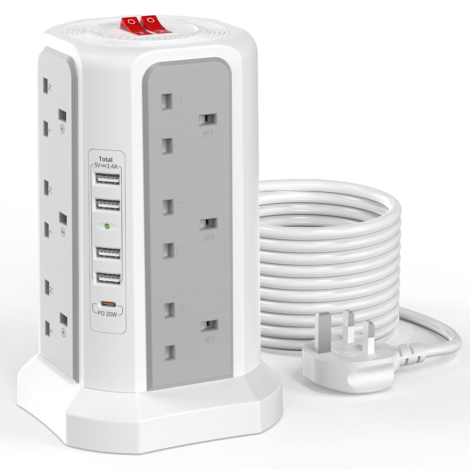 Jolof Store 12-Way Surge Protected Tower Extension Lead, 5M, 20W USB-C