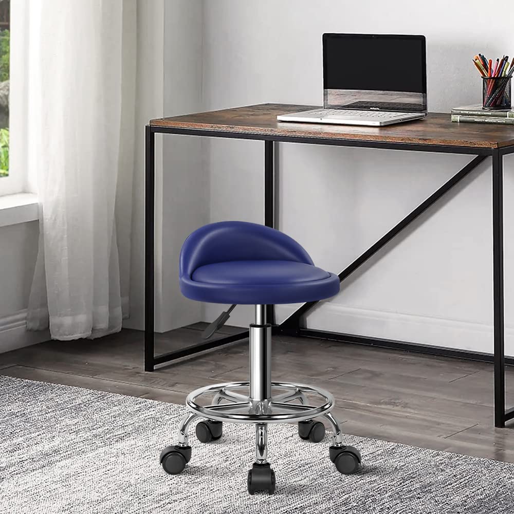 KKTONER Blue PU Leather Rolling Stool - Adjustable Swivel SPA Chair