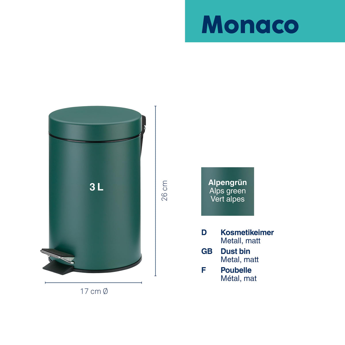 Kela cosmetic bin green 3l, metal pedal bin bathroom, bathroom waste bin with inner bin and carrying handle, MONACO, alpine green matt - image 3