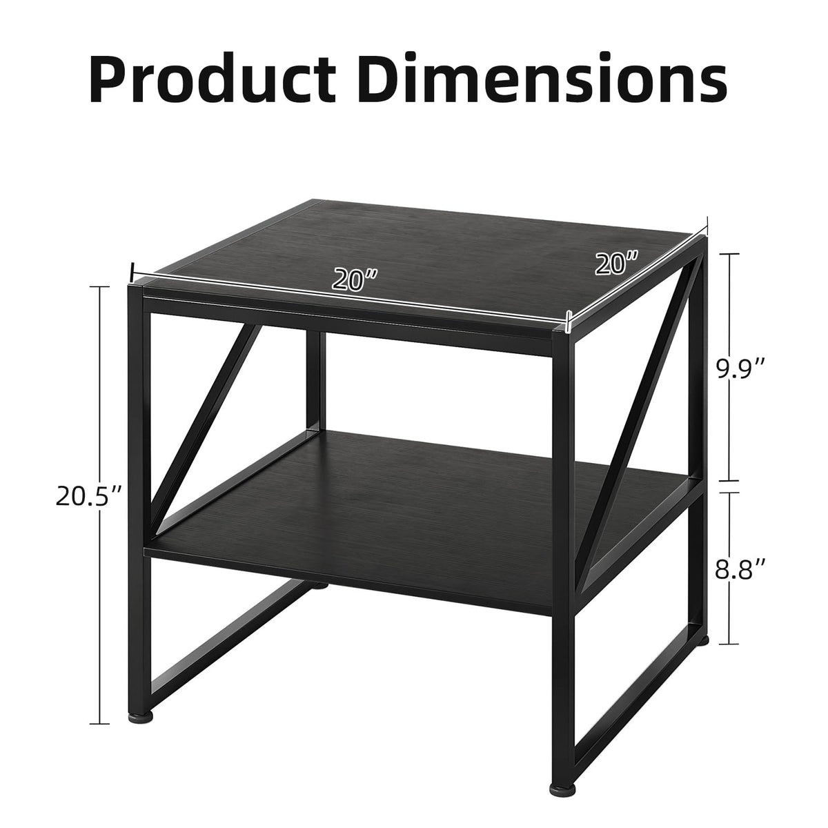 MUTUN 50cm Square End Table, 20 Inch Side Table for Living Room, Bedside Table for Bedroom, Nightstand, Small Table, Black - image 3