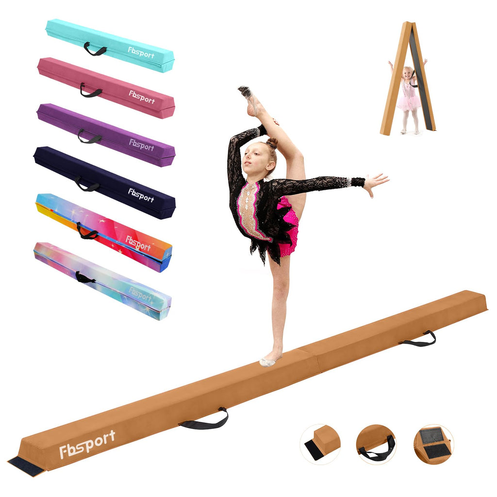 FBSPORT 270cm Folding Gymnastics Balance Beam – Suede Floor Beam, Brown