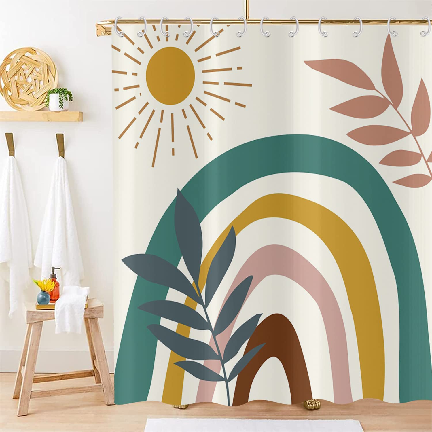 Hnmdmyi Boho Shower Curtain | Mid Century Abstract Leaf Waterproof Polyester