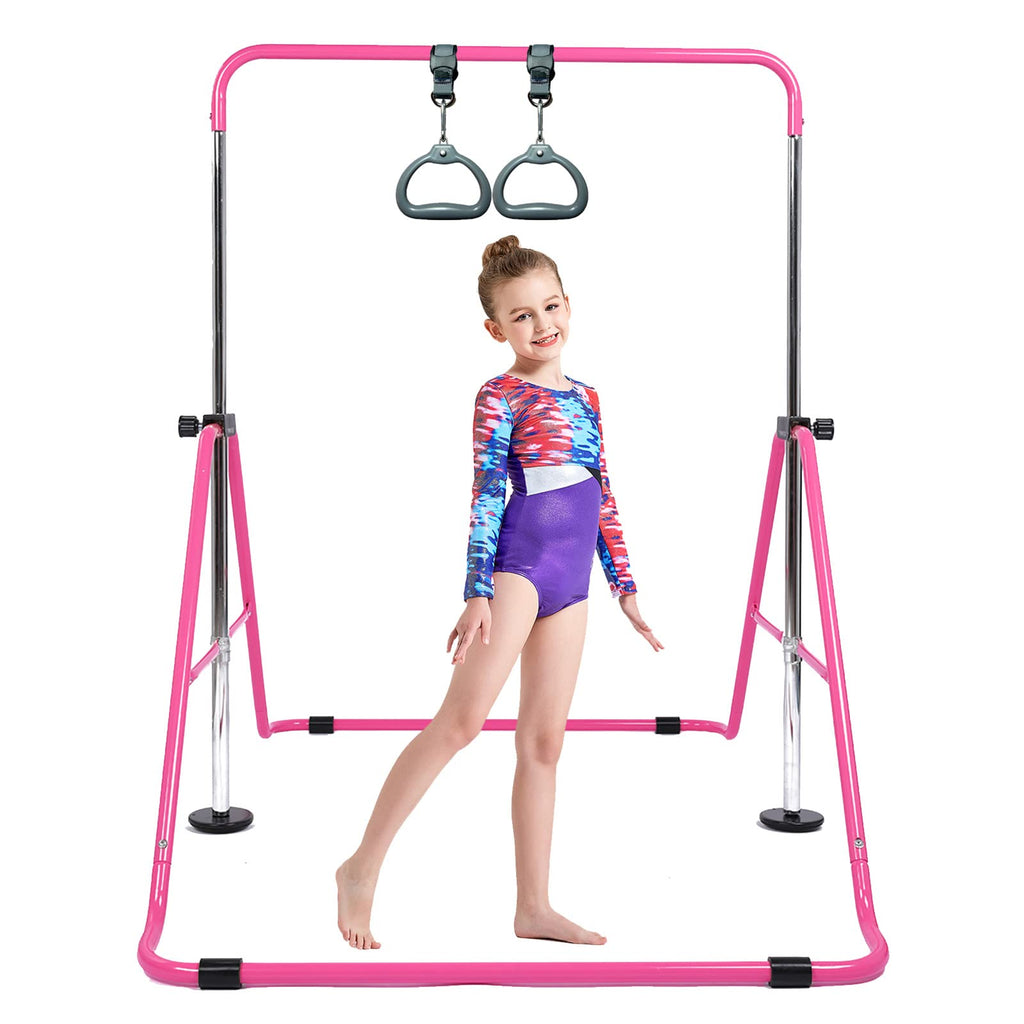 Kids Gymnastics Bar with Flying Rings - Adjustable Pink Gym Bar