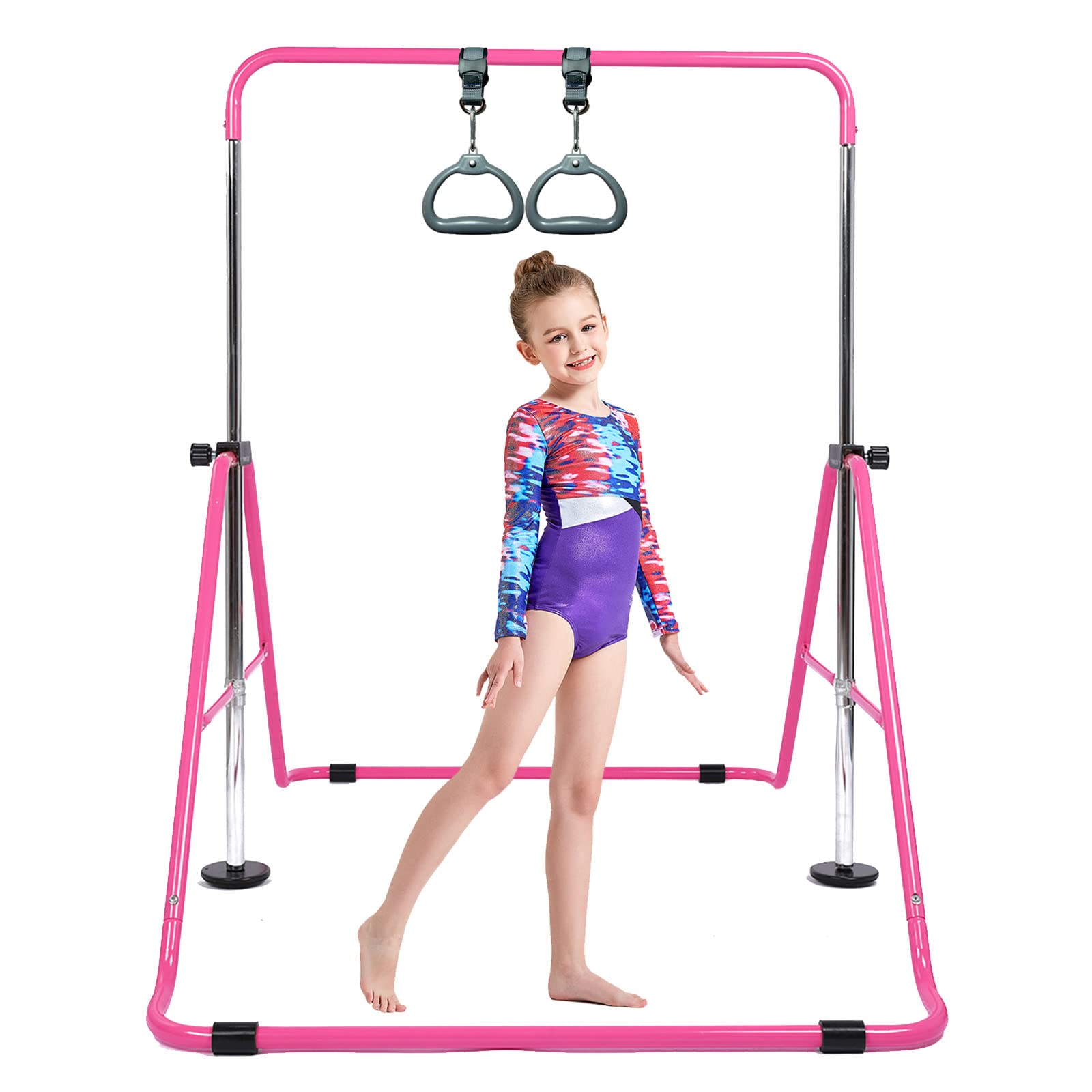 Kids Gymnastics Bar with Flying Rings - Adjustable Pink Gym Bar