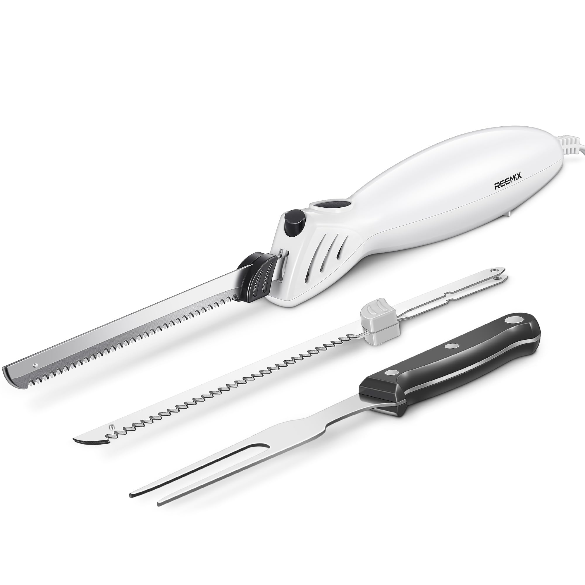 Reemix Electric Carving Knife Set with 2 Blades and Serving Fork - White