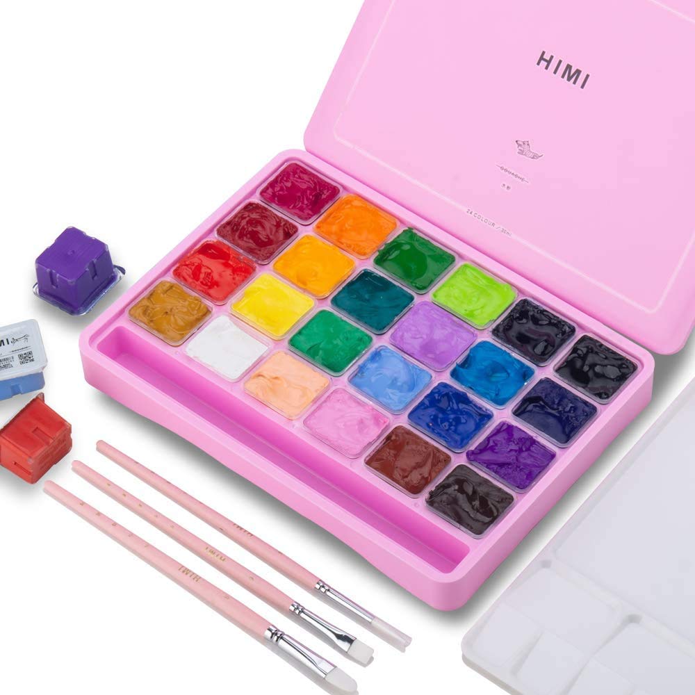 HIMI Gouache Paint Set | 24 Jelly Cup Colors with Brushes & Palette