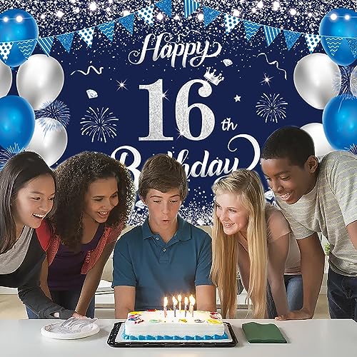 16th Birthday Banner - Navy Blue & Silver Party Backdrop