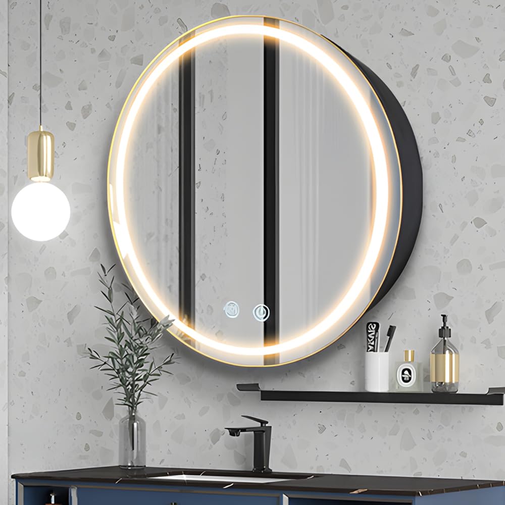 Janboe 61cm Round LED Medicine Cabinet – Anti-Fog Iron Mirror, Black