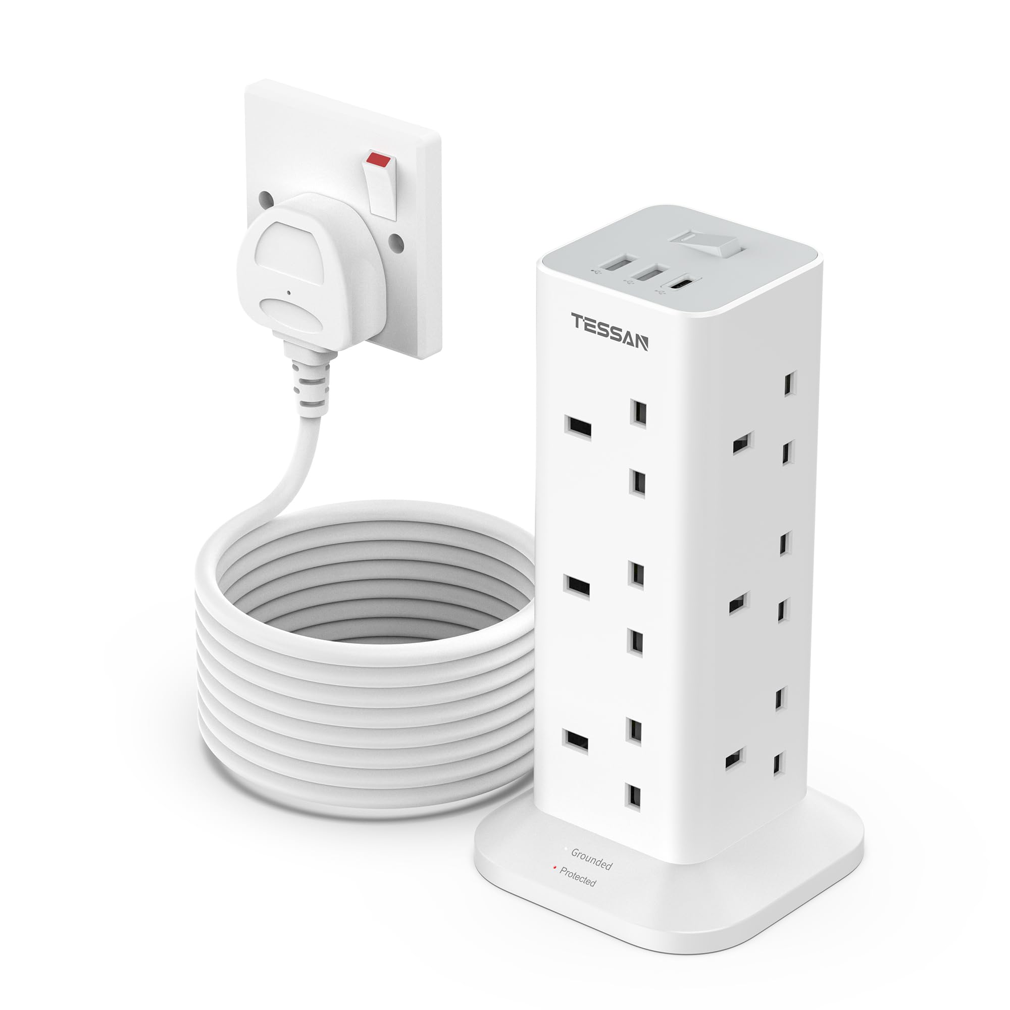 TESSAN 12 Way Tower Extension Lead 5M with 3 USB Slots | Surge Protected
