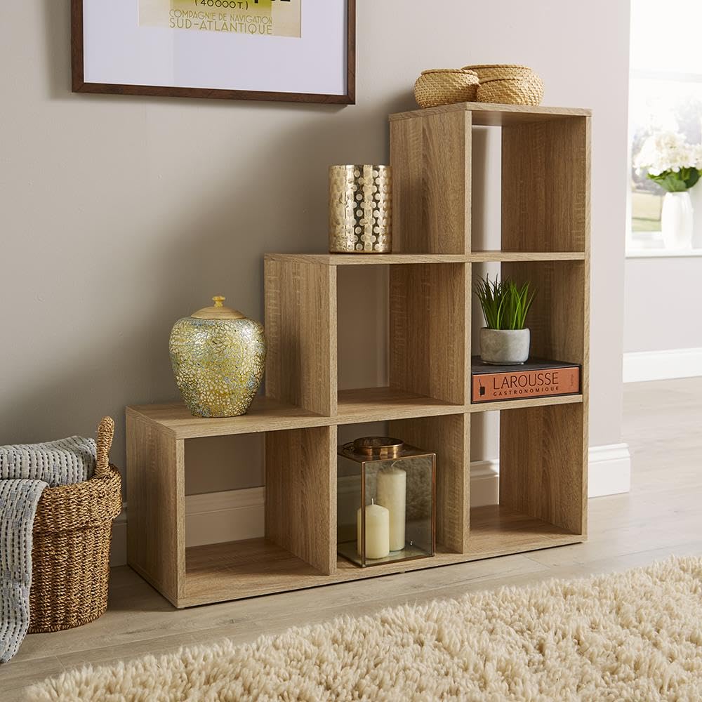 Jolof Store 6 Cube Step Bookcase – Oak Effect Wooden Display Unit