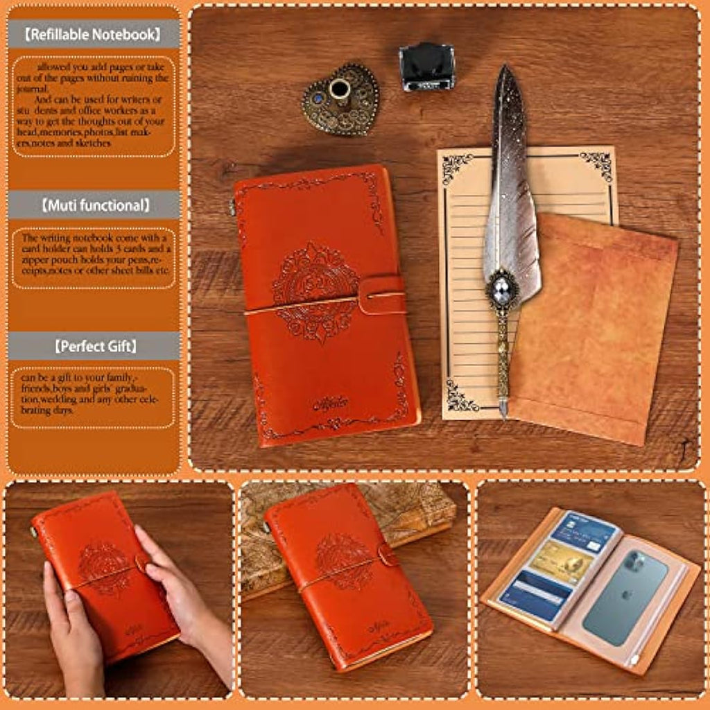 MPRINCE Feather Quill Pen and Ink Set with Notebook & Wax Seal - Grey