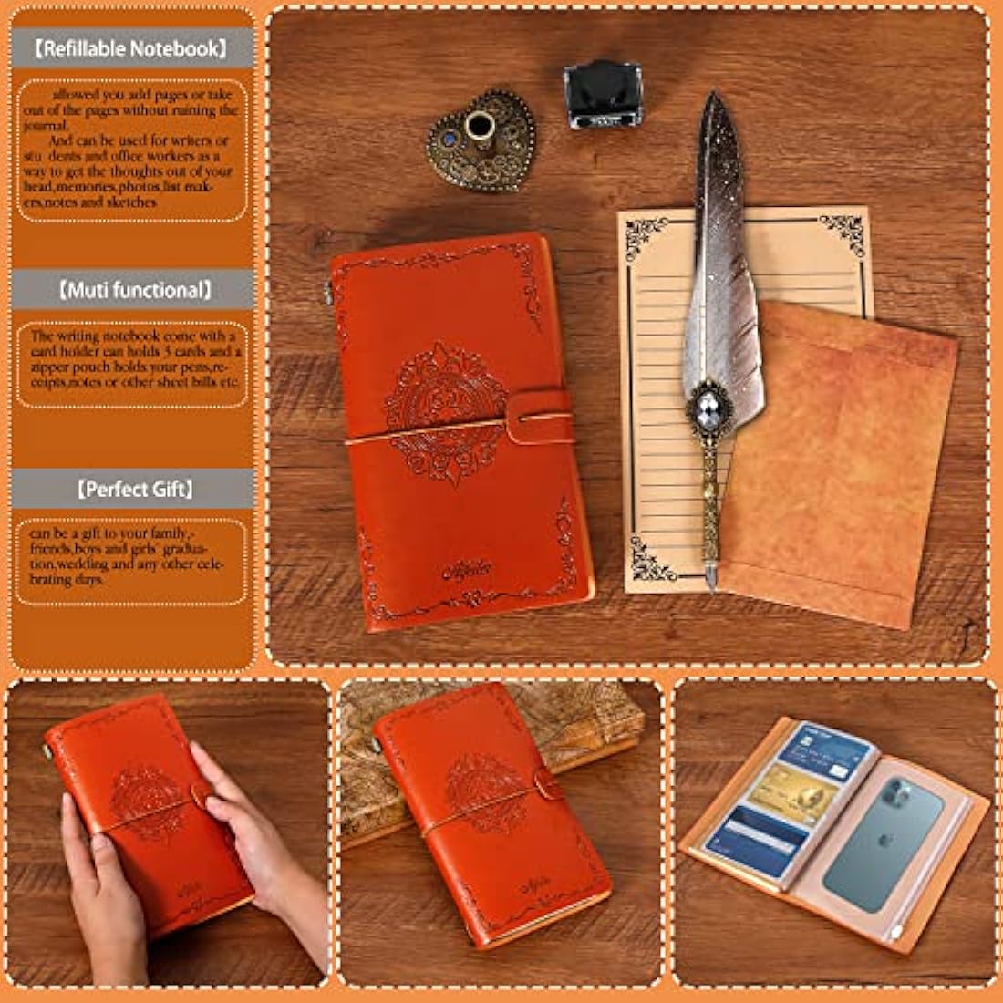 MPRINCE Feather Quill Pen and Ink Set with Notebook & Wax Seal - Grey