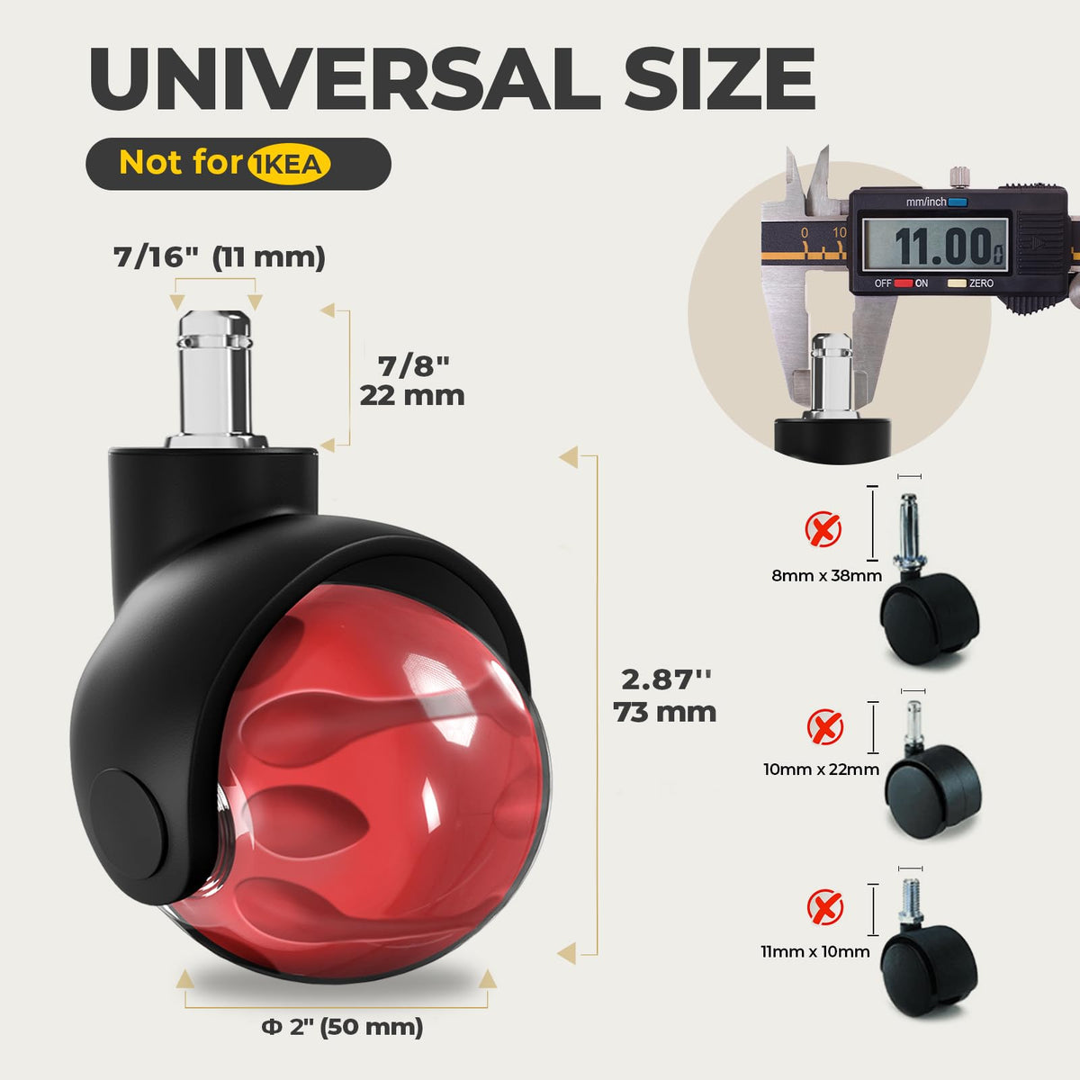 Office Chair Wheels Set of 5, Universal Pin Size 11×22mm Rubber Casters, Smooth & Silent, Safe for All Floors - image 2