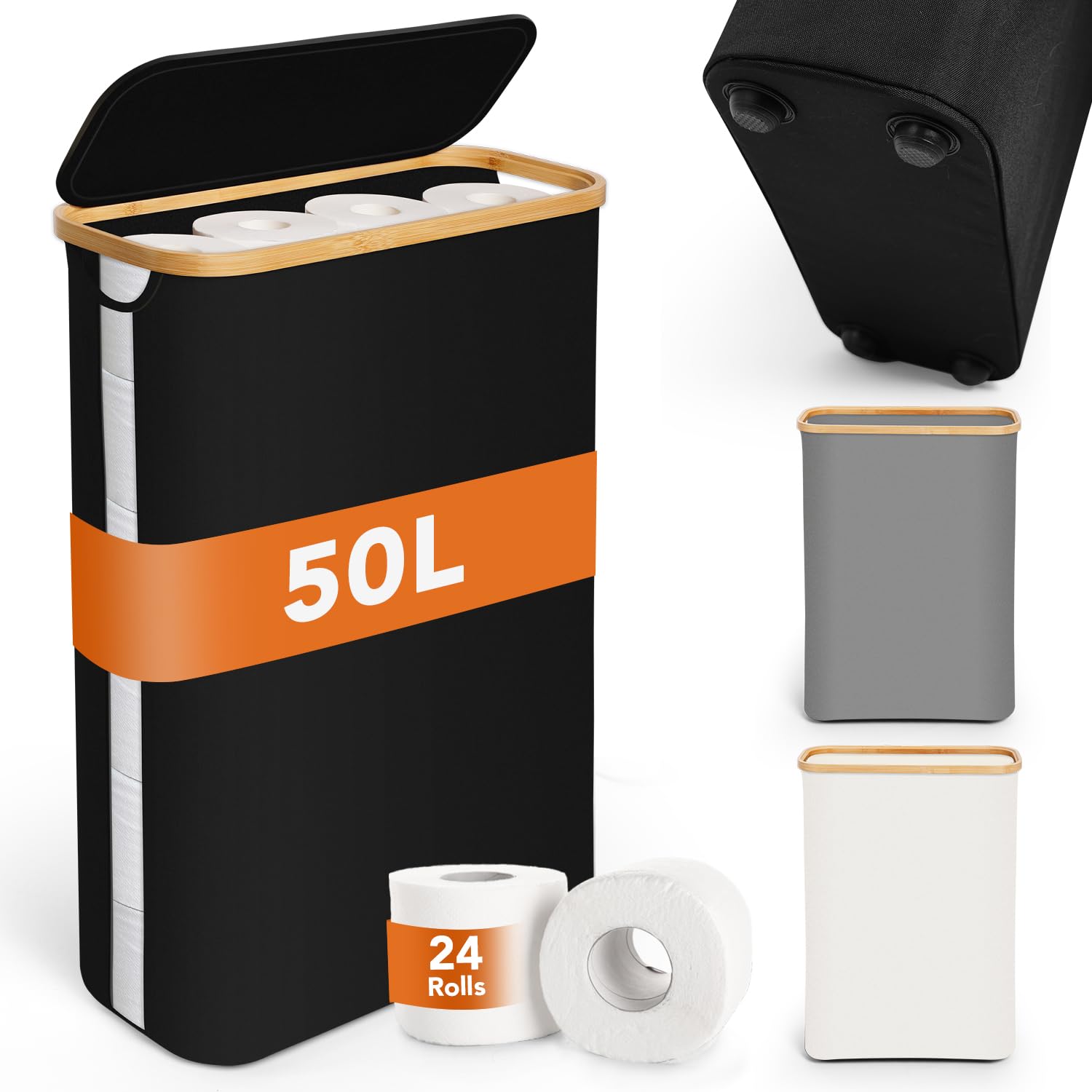 SOUTHGATE 50L Toilet Roll Storage Box with Bamboo Lid – Large 24 Roll Basket