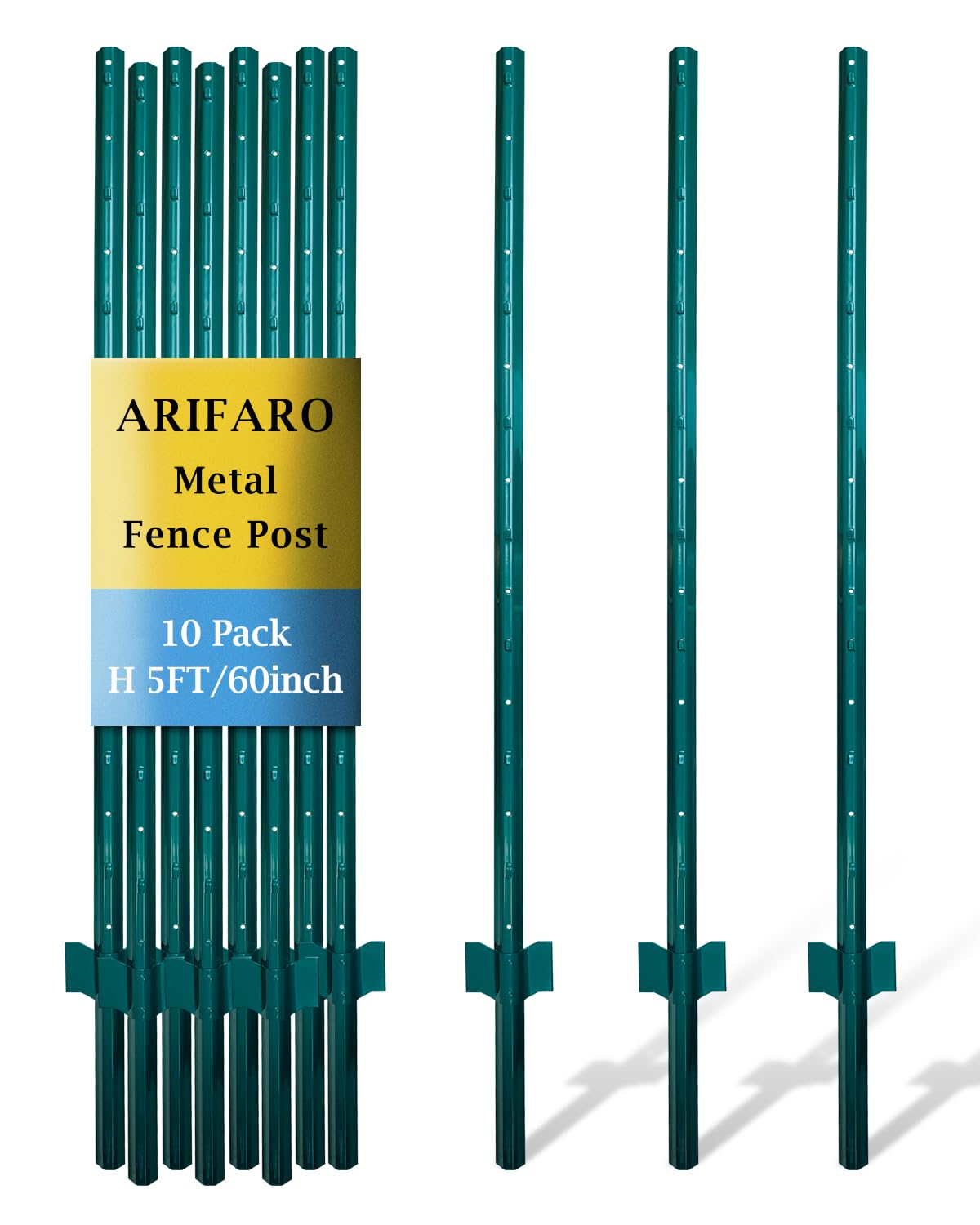 ARIFARO Metal Fence Posts | 5ft Heavy Duty No-Dig Steel U Posts, 10 Pack