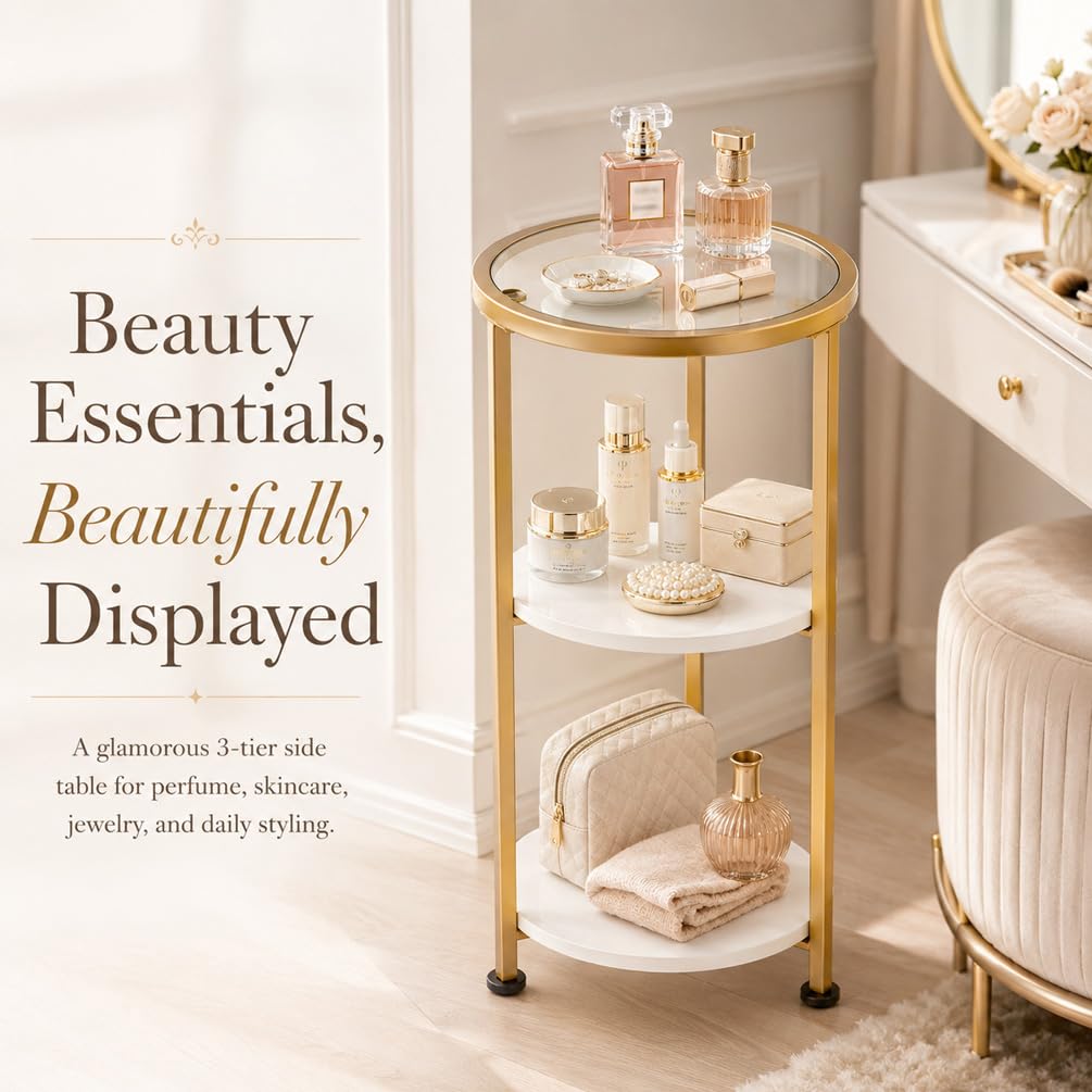 ZEXVIDA 3-Tier Tempered Glass Side Table, White & Gold - image 3