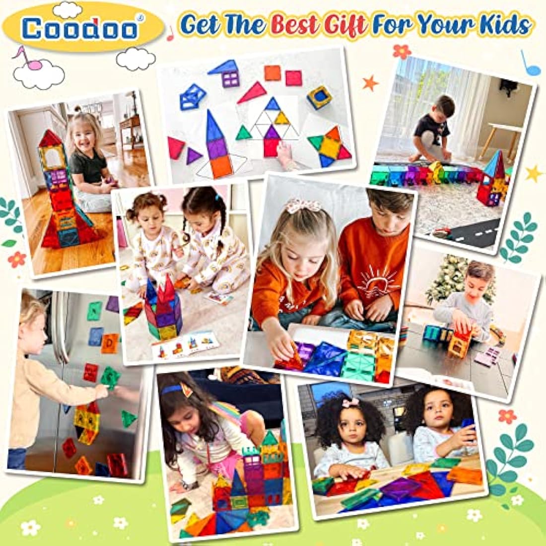 Coodoo 60 PCS Magnetic Building Tiles – STEM Sensory Blocks for Kids