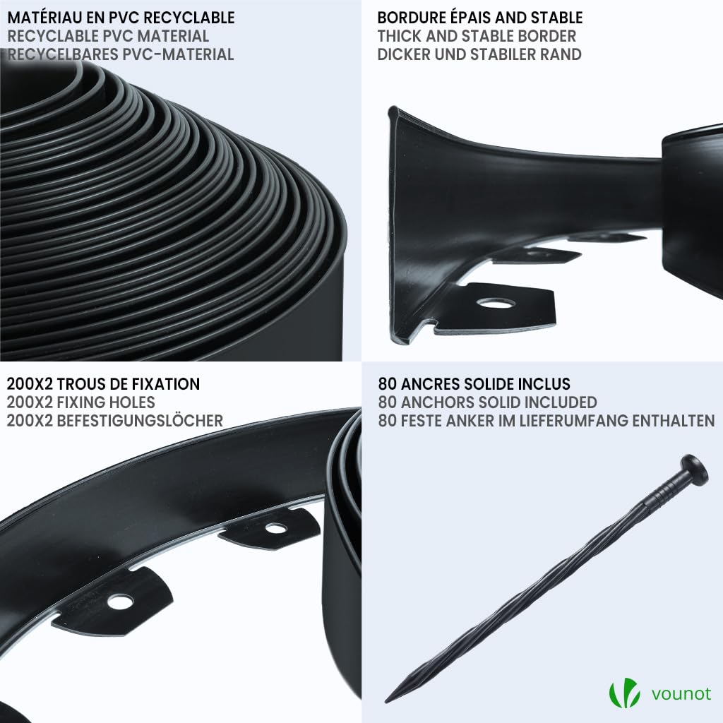 VOUNOT 40m Flexible Lawn Garden Edging Border | 80 Pegs | Black PVC
