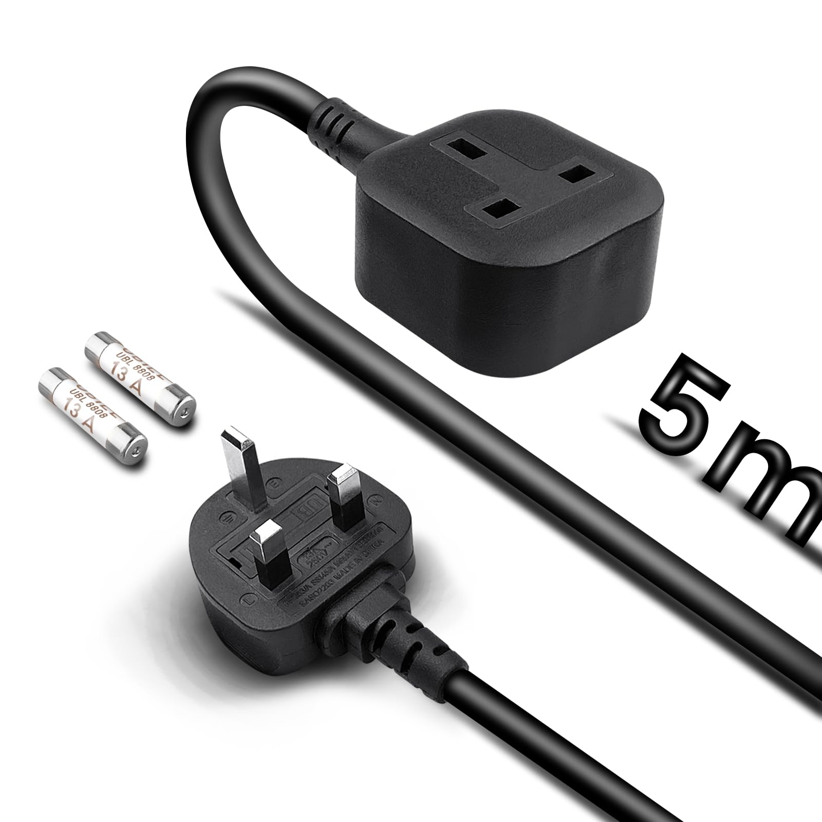 5m Single Plug Extension Lead – 13A Surge Protected, Black