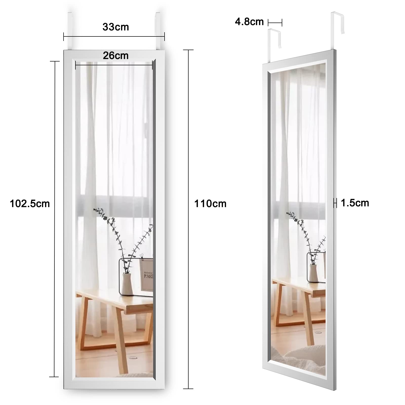 Dripex Full Length Over Door Mirror | 110x33cm Toughened Glass Silver