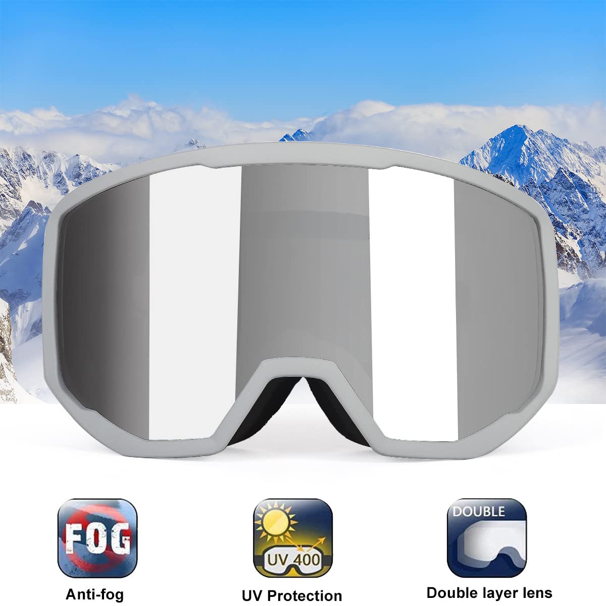 EXP VISION Ski Goggles | OTG Anti-Fog Snowboard Goggles - Grey/Silver